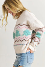 Load image into Gallery viewer, White Striped Christmas Tree Ribbed Trim Drop Shoulder Sweater
