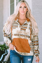 Load image into Gallery viewer, Beige Aztec Print Kangaroo Pocket Half-Zip Hoodie
