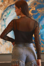 Load image into Gallery viewer, Black Rhinestone Sheer Mesh Slim Fit Long Sleeve Top
