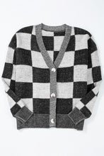 Load image into Gallery viewer, Black Checkered Drop Shoulder Buttoned V Neck Cardigan
