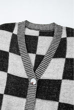 Load image into Gallery viewer, Black Checkered Drop Shoulder Buttoned V Neck Cardigan
