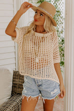 Load image into Gallery viewer, Apricot Fishnet Knit Ribbed Round Neck Short Sleeve Sweater Tee
