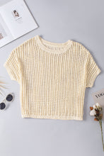 Load image into Gallery viewer, Apricot Fishnet Knit Ribbed Round Neck Short Sleeve Sweater Tee
