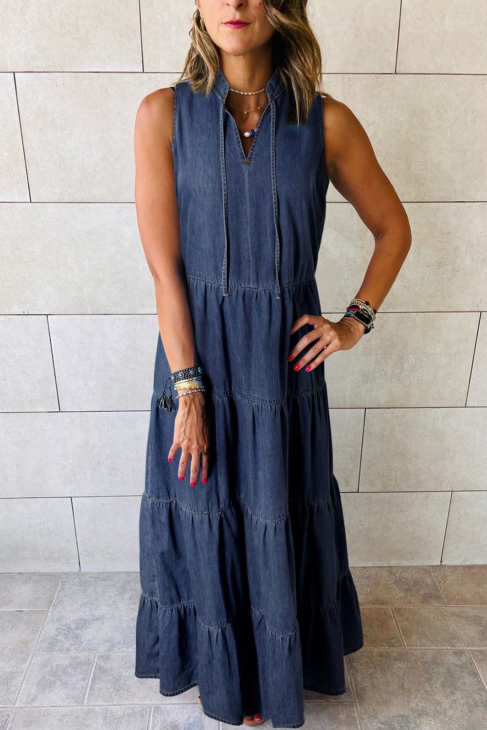 AH Real Teal Sleeveless Tiered Chambray Maxi Dress