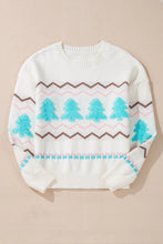 Load image into Gallery viewer, White Striped Christmas Tree Ribbed Trim Drop Shoulder Sweater
