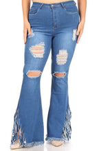 Load image into Gallery viewer, HW STRETCH DESTROYED FLARE JEANS WITH FRINGED SIDE HEM PLUS SIZE
