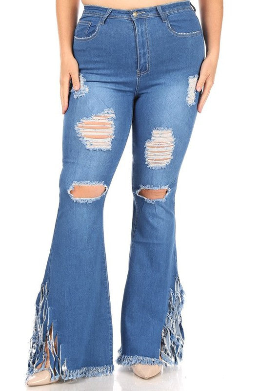 HW STRETCH DESTROYED FLARE JEANS WITH FRINGED SIDE HEM PLUS SIZE