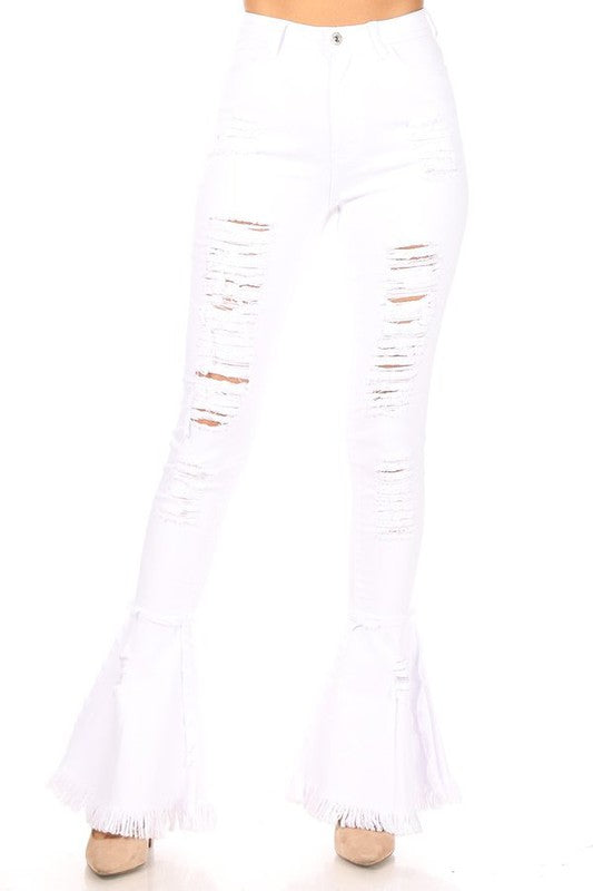 HW STRETCH DESTROYED FLARE SKINNY WHITE JEANS