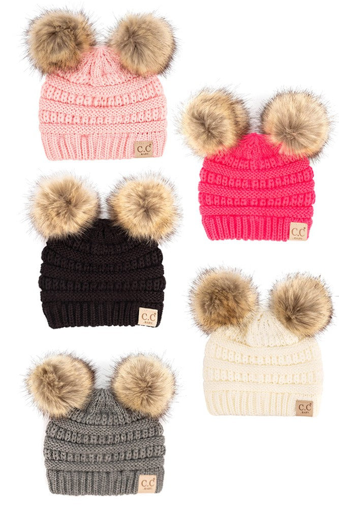 C.C Solid Ribbed Infant Natural Fur Pom Pom Beanie